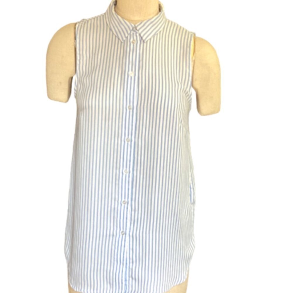 H&M Sleeveless Striped Button-Up Collared Tunic Top‎ Sz 8 Blue & White 55P